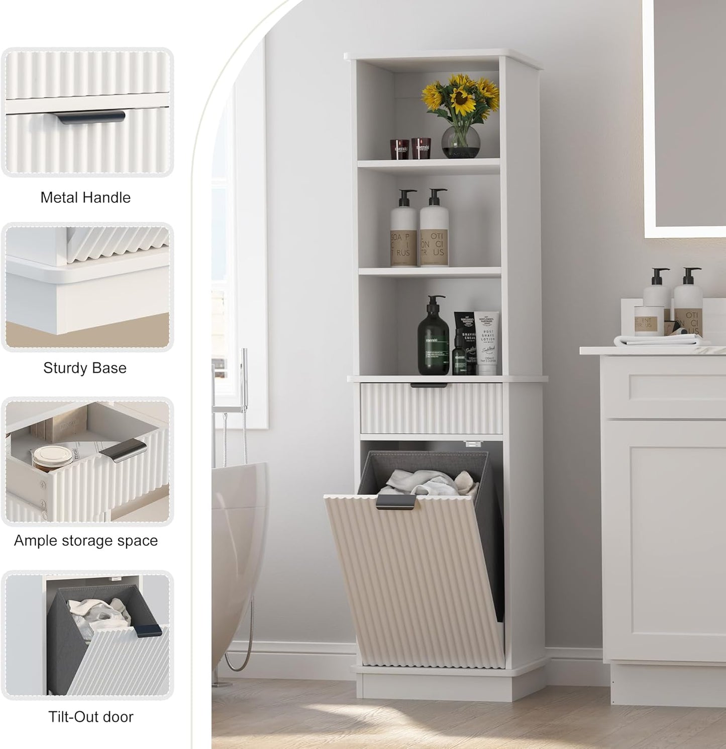 White Tilt Out Laundry Hamper Tall Bathroom Storage Cabinet Hidden Laundry Hamper Cabinet with Drawers and Baskets for Bathroom Hamper with Storage for Bedroom,16x16x59in