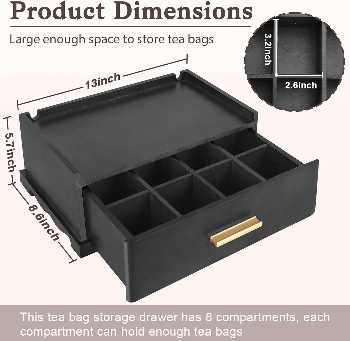 Tea Bag Organizer, Tea Organizers and Storage, Tea Box Organizer Storage Box, Tea Station Organizer for Countertop, Tea Caddy for Wood Tea Holder Organizers for Removable Drawer (Black)