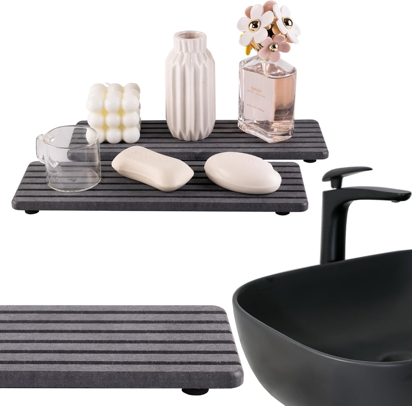 2 PCS Water Absorbent Diatomite Coasters (12.2" x 4"), Grooved Design, Water Absorbing Stone Used for Hand Soaps & Plants & toiletries in The Modern Home