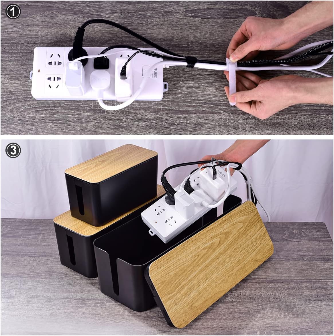 3 Pack Cable Management Box with 18 PCS Cable Management Set - Large & Medium & Small Wooden Grain Cable Organizer Box to Hide Wires & Power Strips | TV Cord Organizer Box | for Home & Office(Black)