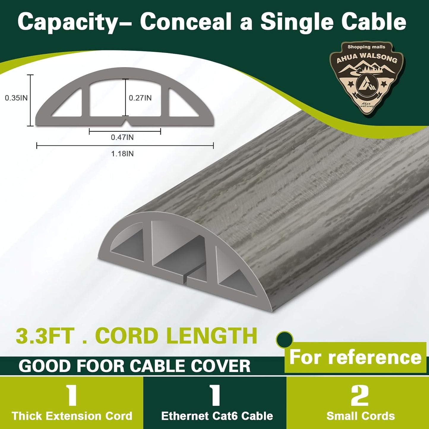 Floor Cord Cover Cable Cavity Self Adhesive Cord Hider Floor, Floor Electric Cord Covers, for Living Rooms, Rooms, Offices Floor Cable Cover - Cord Protector (Black Wood, 1.18" x 3.3')