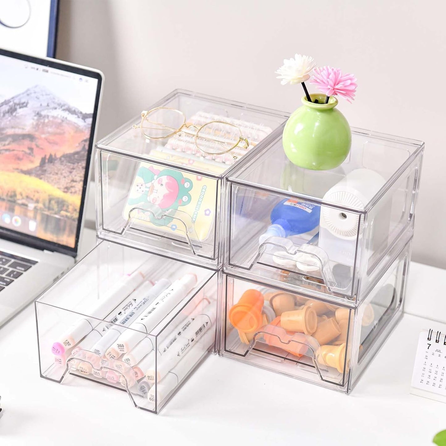 4 Pack Stackable Makeup Organizer, 4.4'' Tall Acrylic Bathroom Makeup Organizer and Storage Drawer with Pull-out Handle, Clear Plastic Storage Bins for Vanity,Pantry,Desk,Undersink,Kitchen