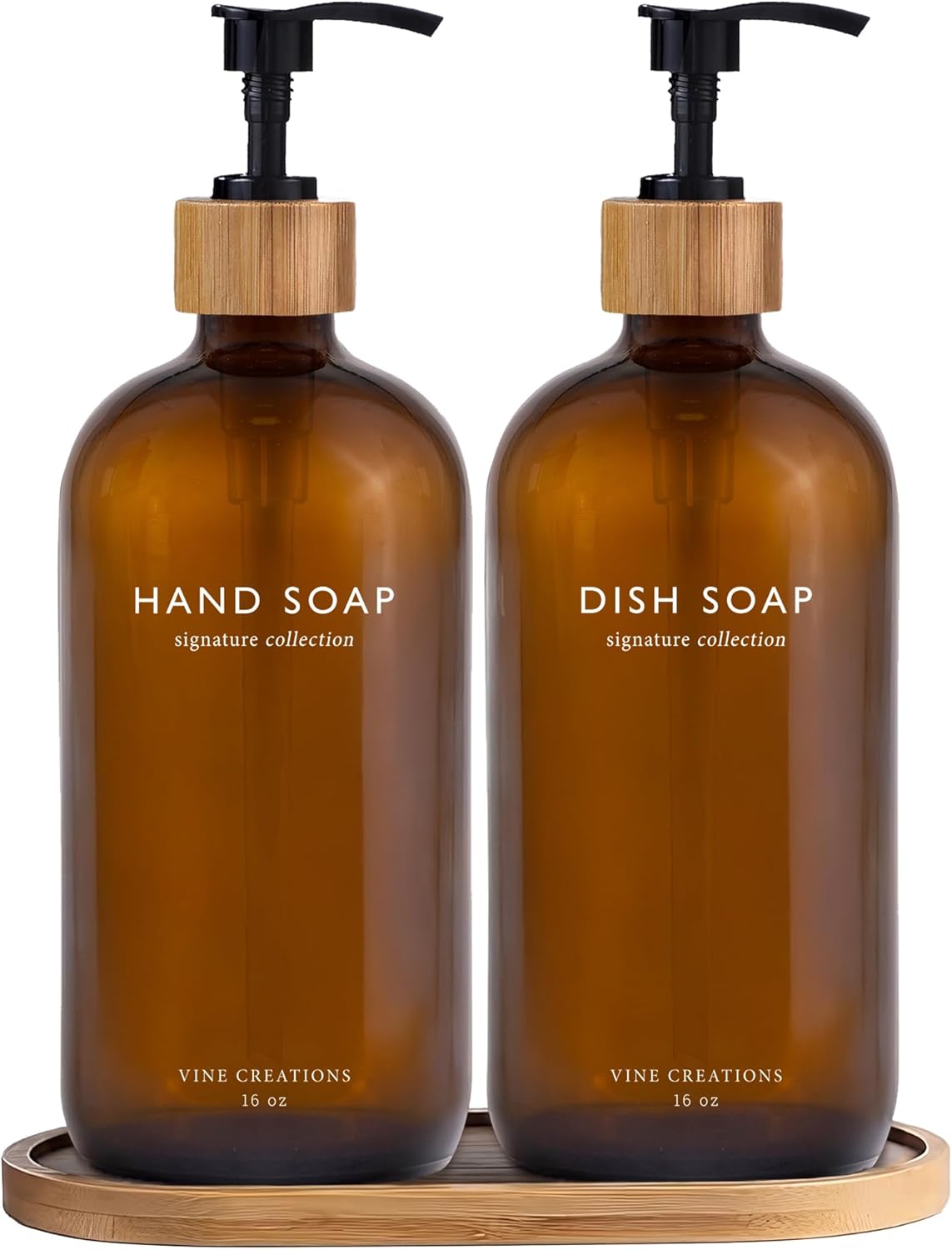 Vine Creations Amber Glass Soap Dispenser Set, Hand Soap and Dish Soap Dispenser Set with Bamboo Tray, 16 oz Glass Dispensers Bottle for Kitchen and Bathroom Decor Modern Boho with Bamboo Pump (Amber)