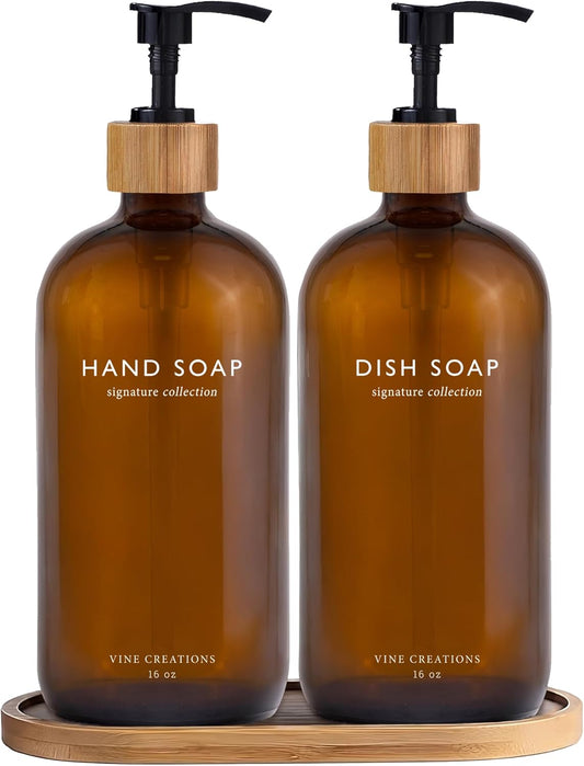 Vine Creations Amber Glass Soap Dispenser Set, Hand Soap and Dish Soap Dispenser Set with Bamboo Tray, 16 oz Glass Dispensers Bottle for Kitchen and Bathroom Decor Modern Boho with Bamboo Pump (Amber)