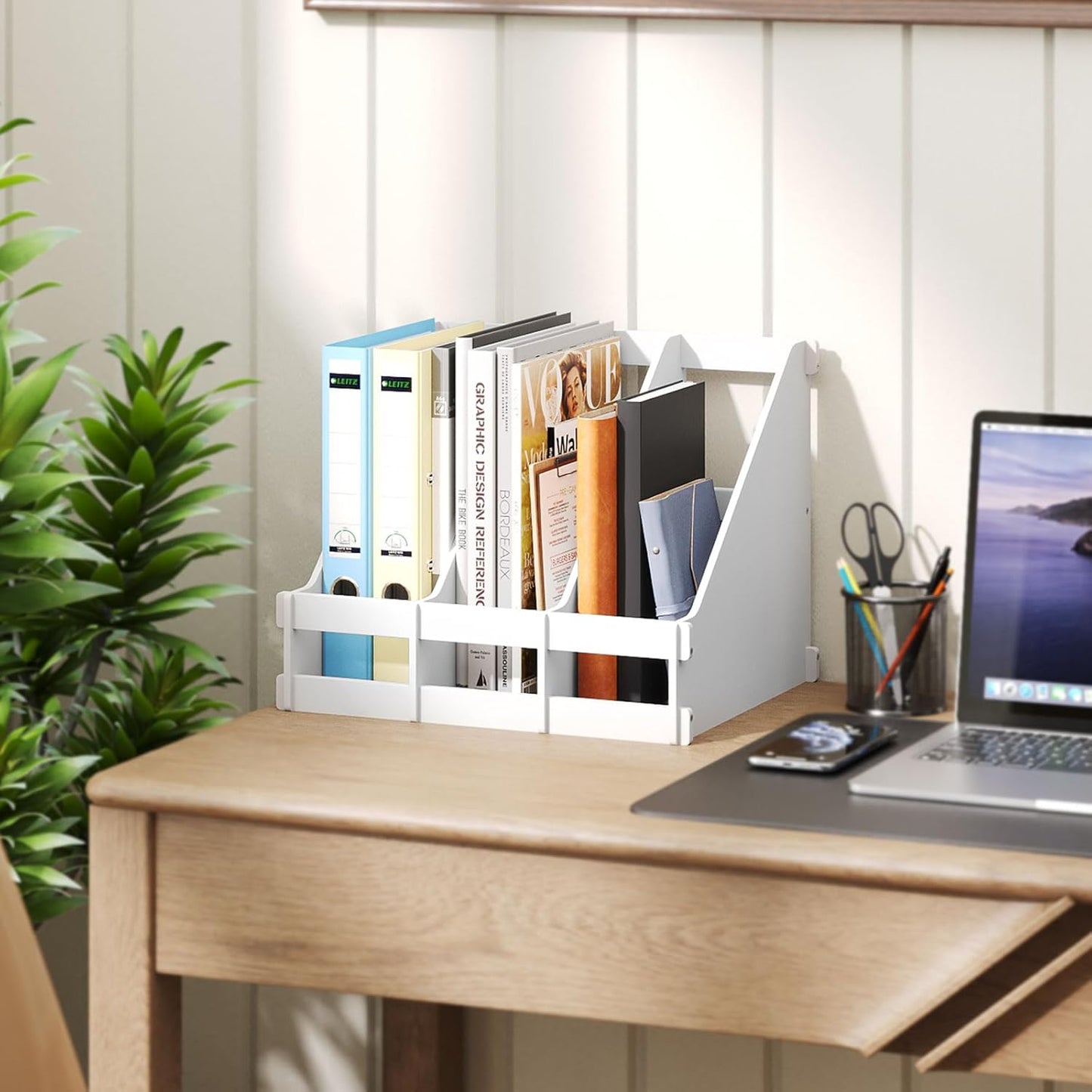 Bamboo Desktop Magazine Holder Desk File Organizer 3 Compartments Vertical File Dividers Book Holder Frames Document Cabinet Rack Storage Organizer Box for Home Office School Black (White)