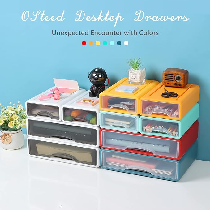White Desktop Drawers for Paper, Stackable Office Storage Drawers for Desk, Craft Organizer and Storage Bins, 3 Mixed Storage Container with Plastic Drawers for Office Supplies