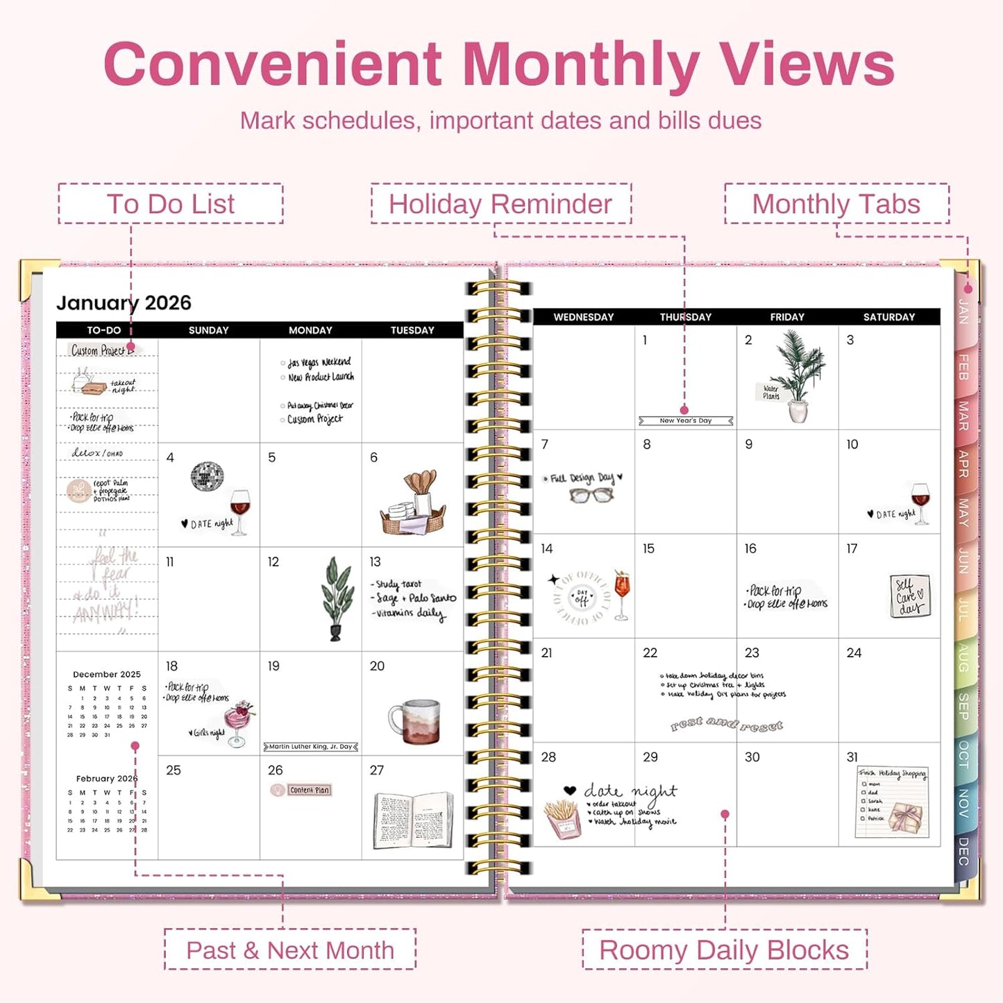 2026 Planner Hardcover Weekly & Monthly Calendar Planner for Women Jan 2026 - Dec 2026 8.5" x 11" Daily Agenda Book with Tabs Spiral Bound Inner Pocket Perfect for School Office, Pink