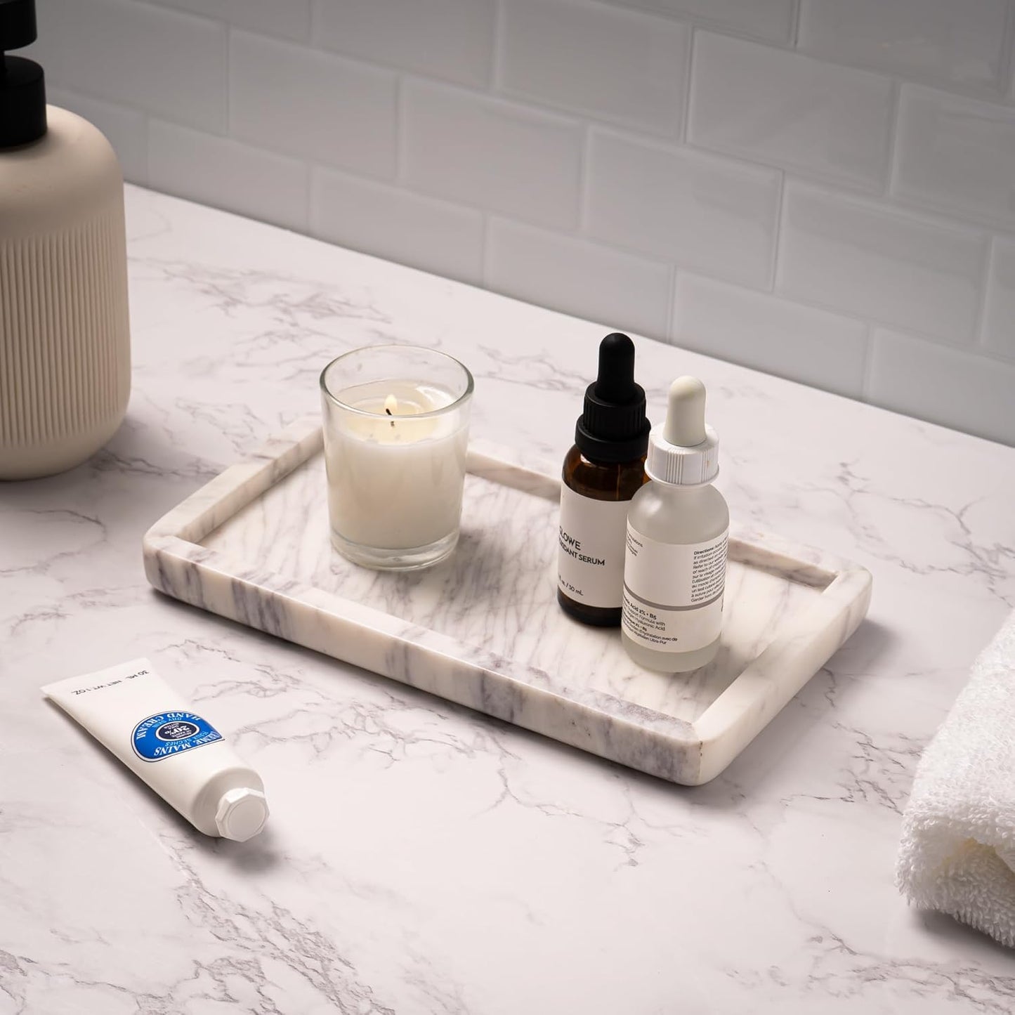 Cork & Mill Marble Tray for Bathroom Countertop, Kitchen Counter, or Catchall - 8 3/4" x 5" Small Rectangular Vanity Tray for Skincare or Perfume - Handcrafted Natural White Marble Stone Organizer