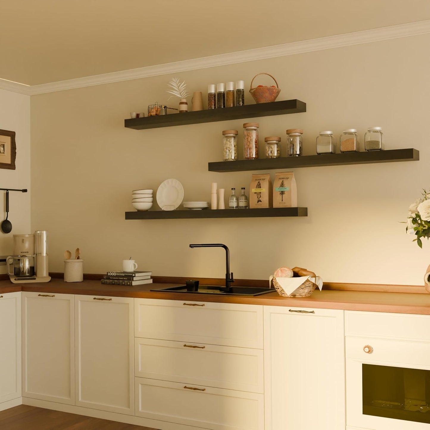 Floating Shelves for Wall, 48 Inch Extra Long Black Wall Shelves, Set of 3, Hanging Invisible Brackets Floating Shelves for Living Room,Bedroom,and Kitchen