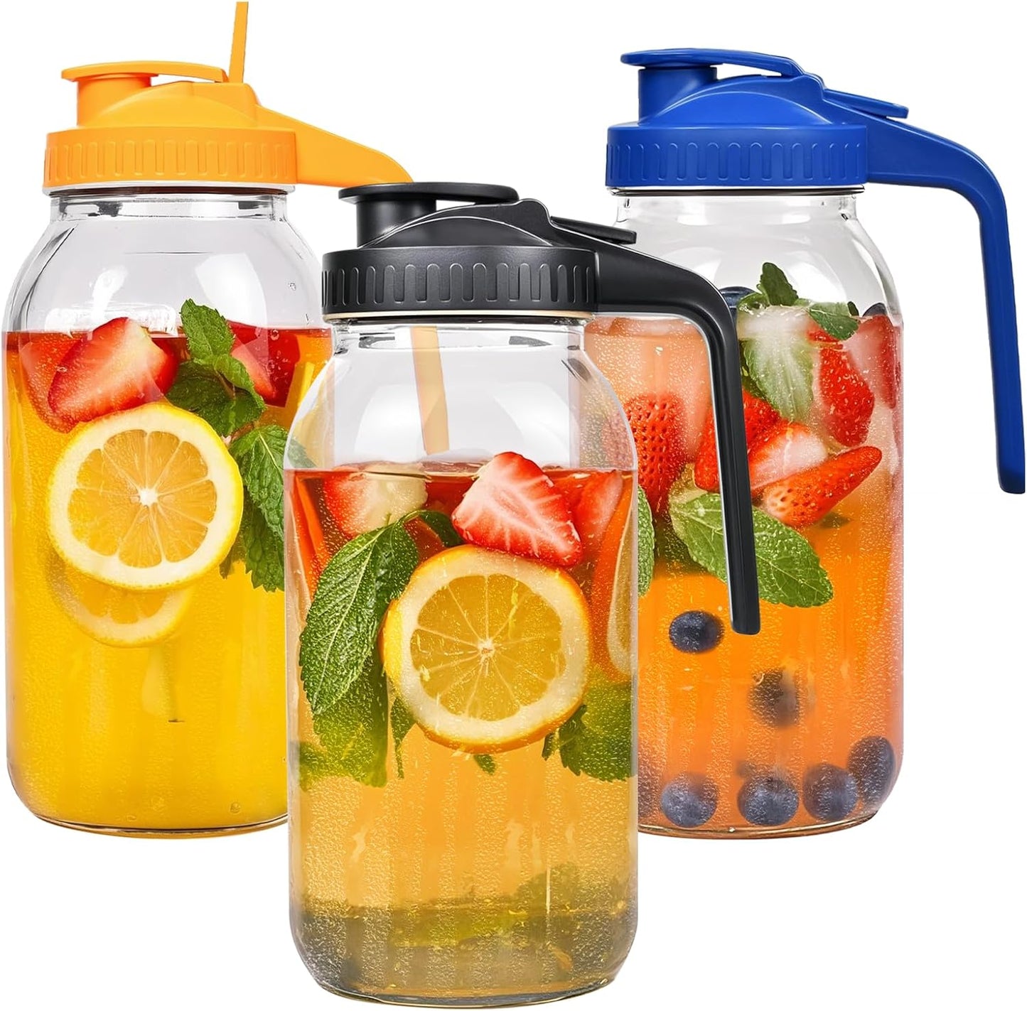3 Pack 64oz Glass Mason Jar Pitcher with Airtight Lid and Handle – Wide Mouth, Leak-Proof, Ideal for Sun Tea, Cold Brew, Lemonade, Iced Coffee, Milk, and Water (Orange, Blue & Black)
