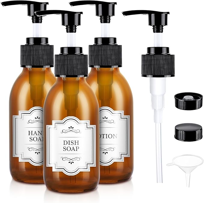 Amber Glass Soap Dispenser 4 oz, Homepicker Glass Pump Bottle with Pump for Lotion Body Oil, 125ml Hand and Dish Soap Dispensers Set with 1 Extra Pump & Labels - 2 Pack