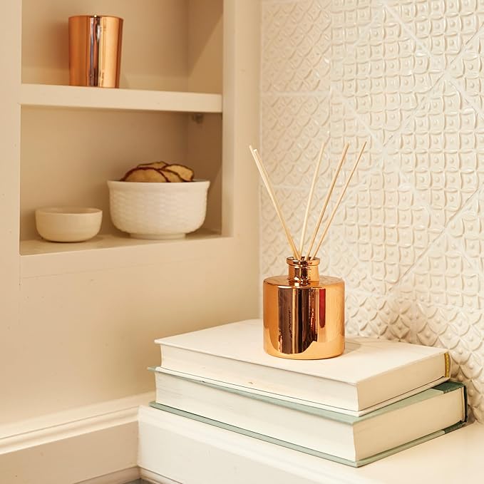 Thymes Petite Oil Reed Diffuser Set – Includes Reed Diffuser Sticks, Fragrance Oil, & Glass Bottle – Luxury Home Decor – Fall Decor – Fall Scents – Rose Gold (Simmered Cider, 4 fl oz)