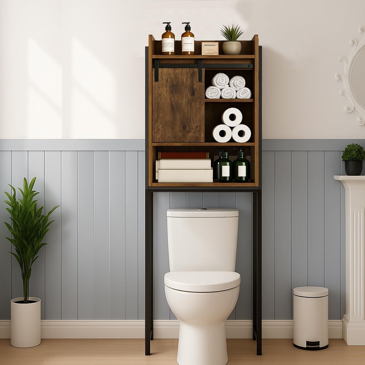 Over The Toilet Storage Cabinet, Behind Toilet Bathroom Organizer with Adjustable Shelves, Above Toilet Organizers with Barn Door, Space Saver for Restroom, Bathroom, Laundry, Rustic