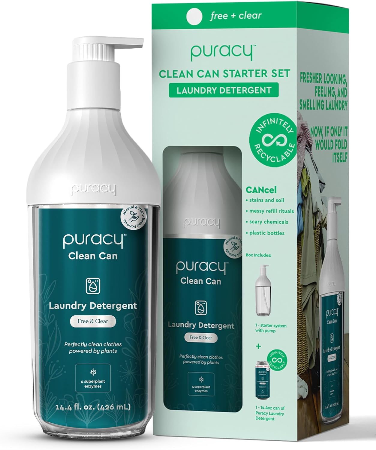 Puracy Liquid Laundry Detergent Clean Can Starter Set - Enzyme-Powered Liquid Laundry Detergent Concentrate, Natural Laundry Detergent Seen on TikTok, Non-Toxic (Free & Clear, 14.4 fl oz)