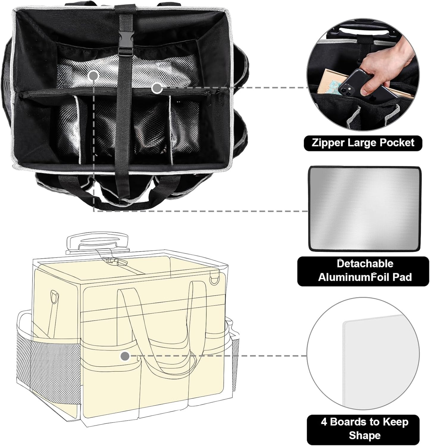 Large Rolling Cleaning Caddy Bag, Cleaning Caddy with Wheels with Detachable Trolley for Housekeepers, Water Resistant Cleaner Supplies Organizer with Wheels for Kitchen, Car, Picnic (Black-Grey)