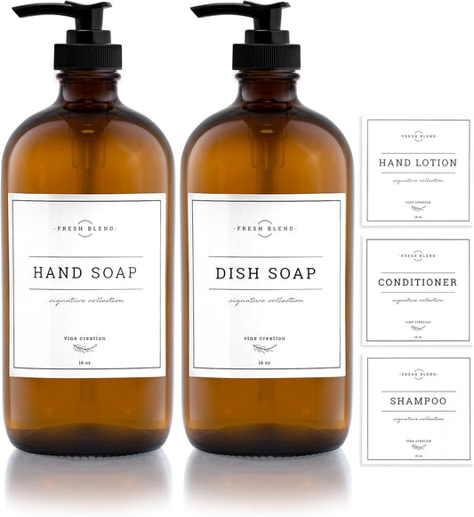 Vine Creations Amber Glass Soap Dispenser, 2 Pack Kitchen Soap Dispenser Set with Rustproof Pump, 16 oz Dish Soap and Hand Soap Dispensers for Bathroom with Waterproof Labels