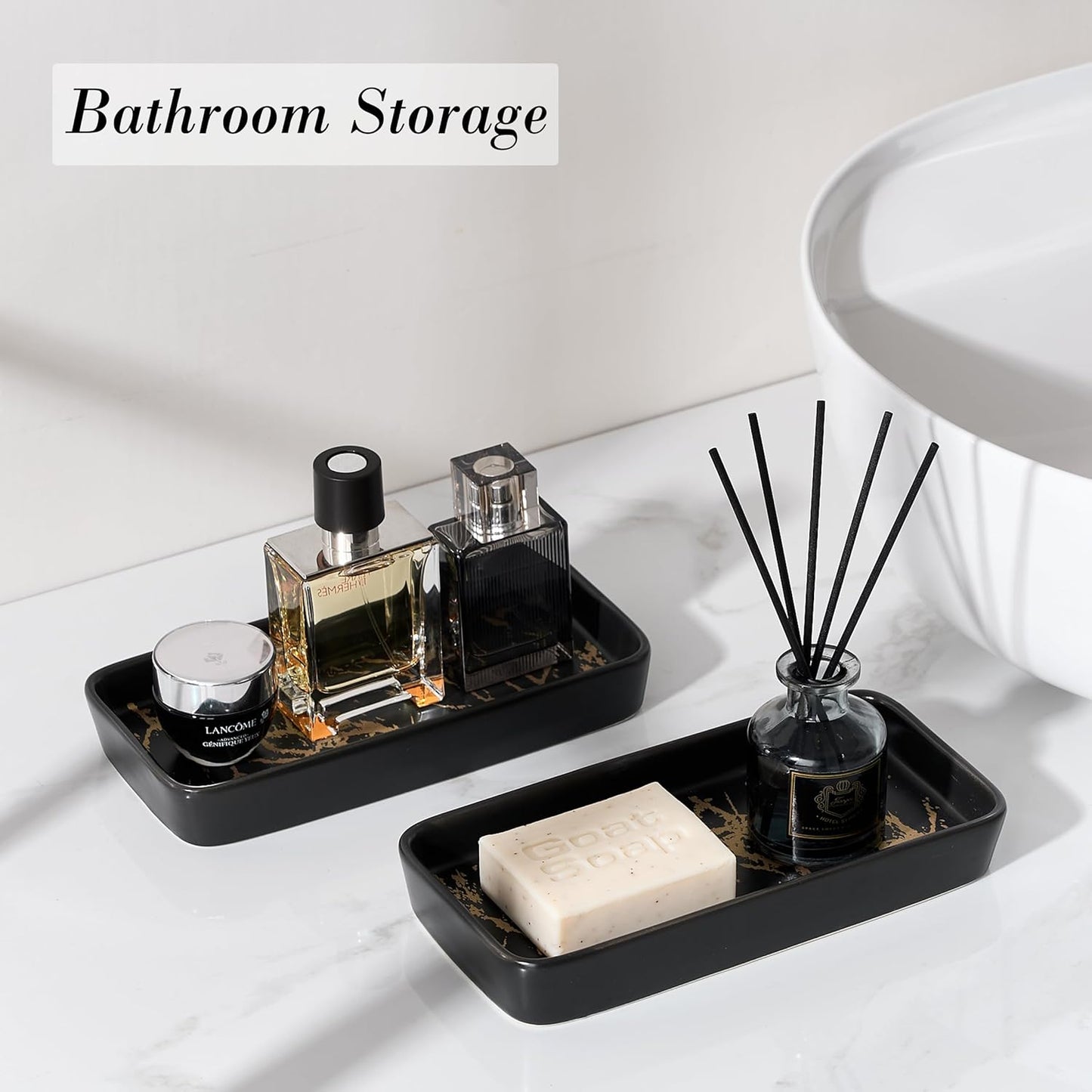 Bathroom Vanity Tray for Countertop,2PC Rectangle Marble Tray Set,Decorative Bathroom Organizer for Scrubber, Lotion Bottles, Perfume, Jewelry, Candle, Key Trinket Ring（Small,Black）