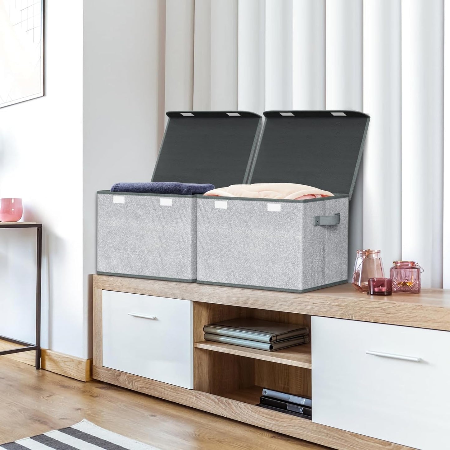 Univivi Storage Bins with Lids [4-Pack] Large Collapsible Stackable Fabric Storage Boxes with Lids, Decorative Closet Organizers and Storage for Clothes, Office, Bedroom (Gray, 17“ x 12” x 12")