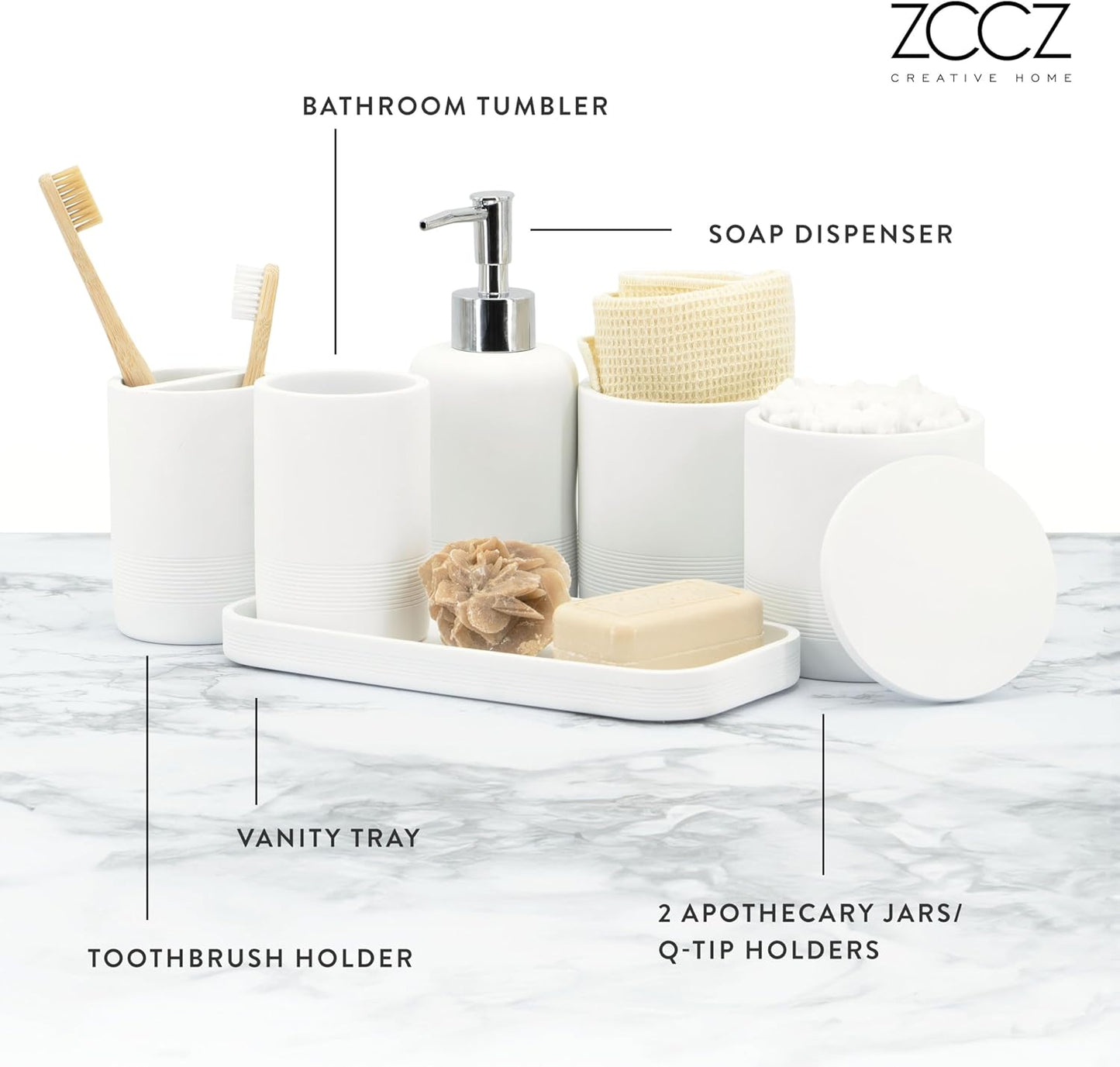 ZCCZ White Bathroom Accessories Set 6 Pieces - Toothbrush Holder, Lotion Dispenser, Qtip Container, Vanity Tray, Tumbler - Countertop Organizer for Bathrooms - Elegant and Functional Décor Set