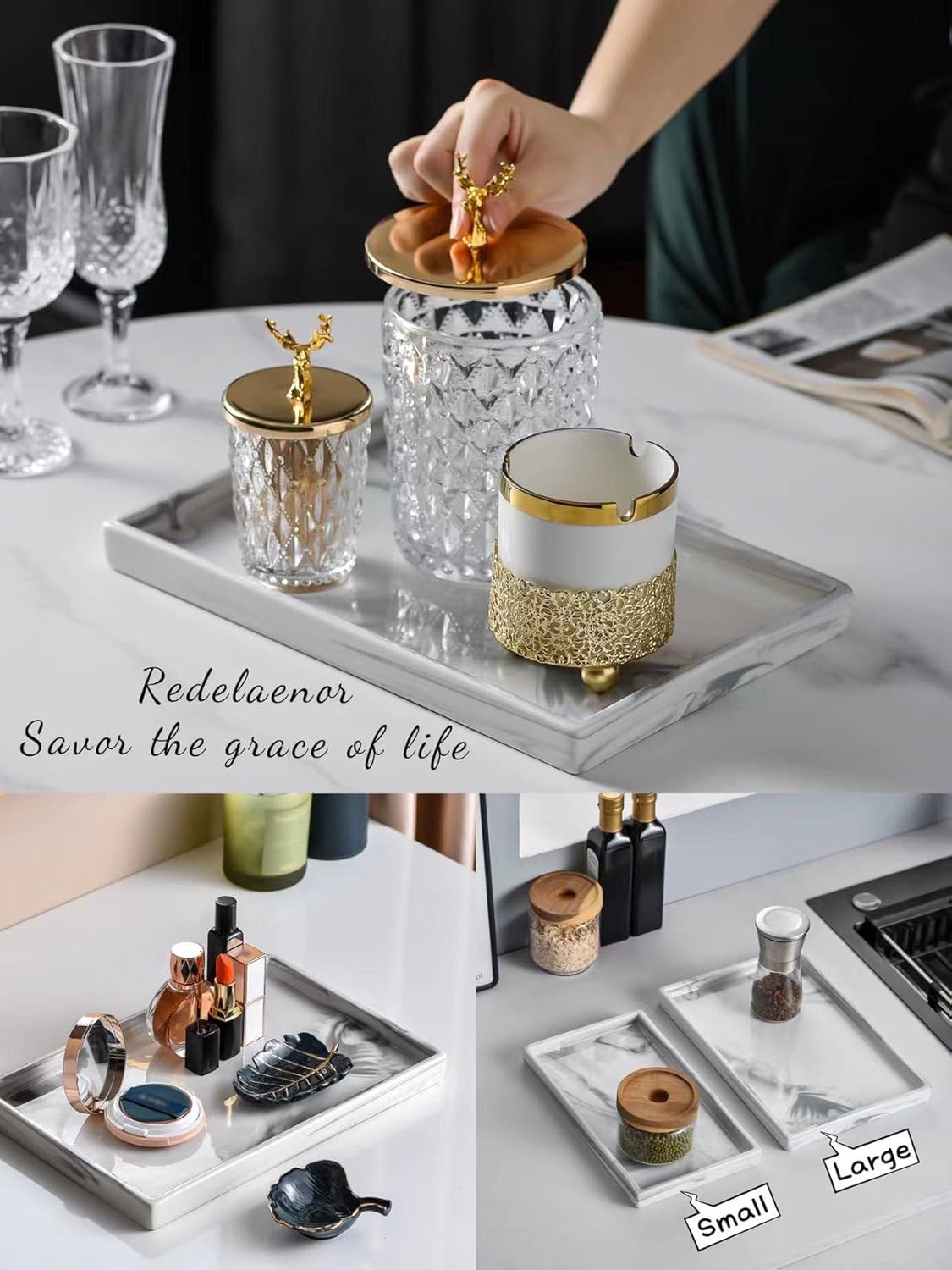 Ceramic Vanity Bathroom Tray Marble Decor Holder and Organizer for Jewelry Perfume Candle Soap Plant Towel Cosmetic Act Large Tray