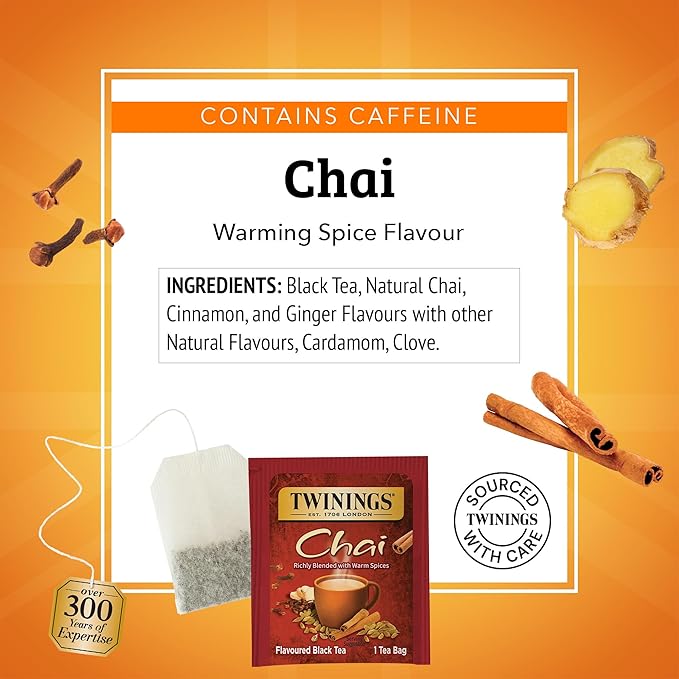 Twinings Chai Black Tea Individually Wrapped Bags, 100 Count (Pack of 1), Richly Blended with Warm Spices, Caffeinated, Enjoy Hot or Iced, 100 Teabags