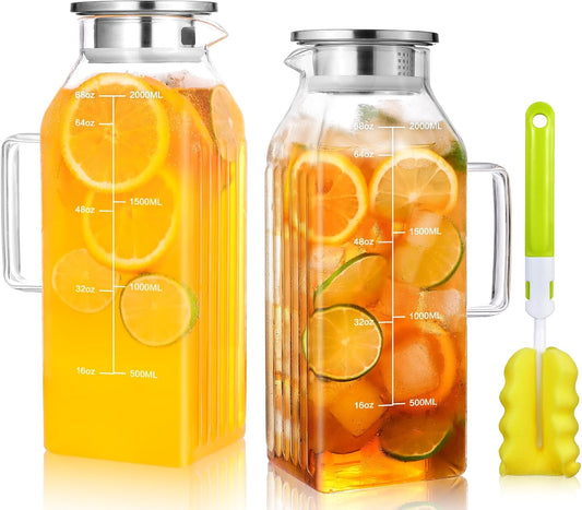 2 Liters/68oz 2 Pack Square Glass Pitcher with Lid and Handle for Fridge Door, Aofmee Borosilicate Glass Heat Resistant Dishwasher Safe Iced Tea Jar, Carafe with Scale Line for Hot/Cold Beverage