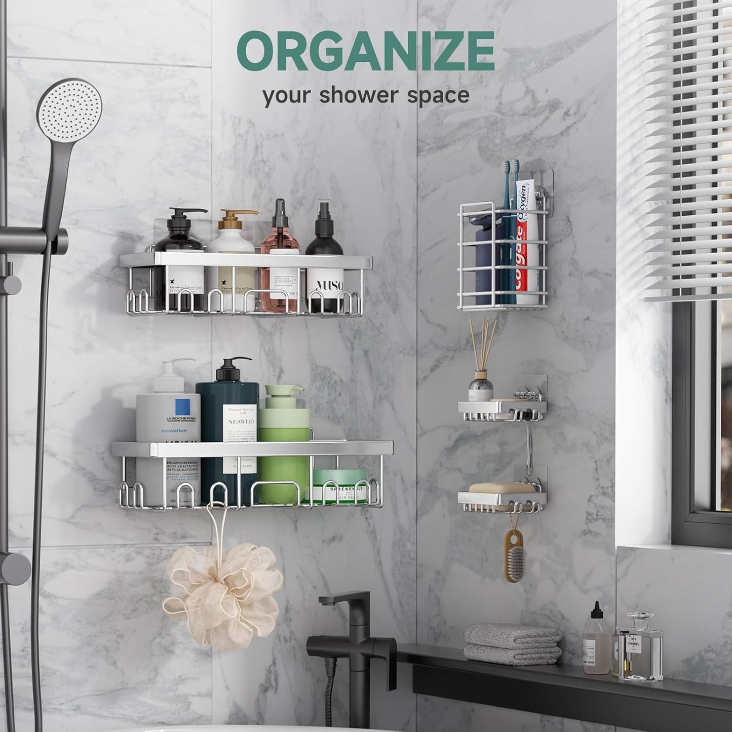 Veken Adhesive Shower Caddy 5-Pack,Heavy Weight Bearing,Large Wall Mounted Shower Shelves Rack,Organizer Storage Accessories with Soap Dish&Toothbrush Holder,Ideal for Bathroom,Home&Kitchen,Silver