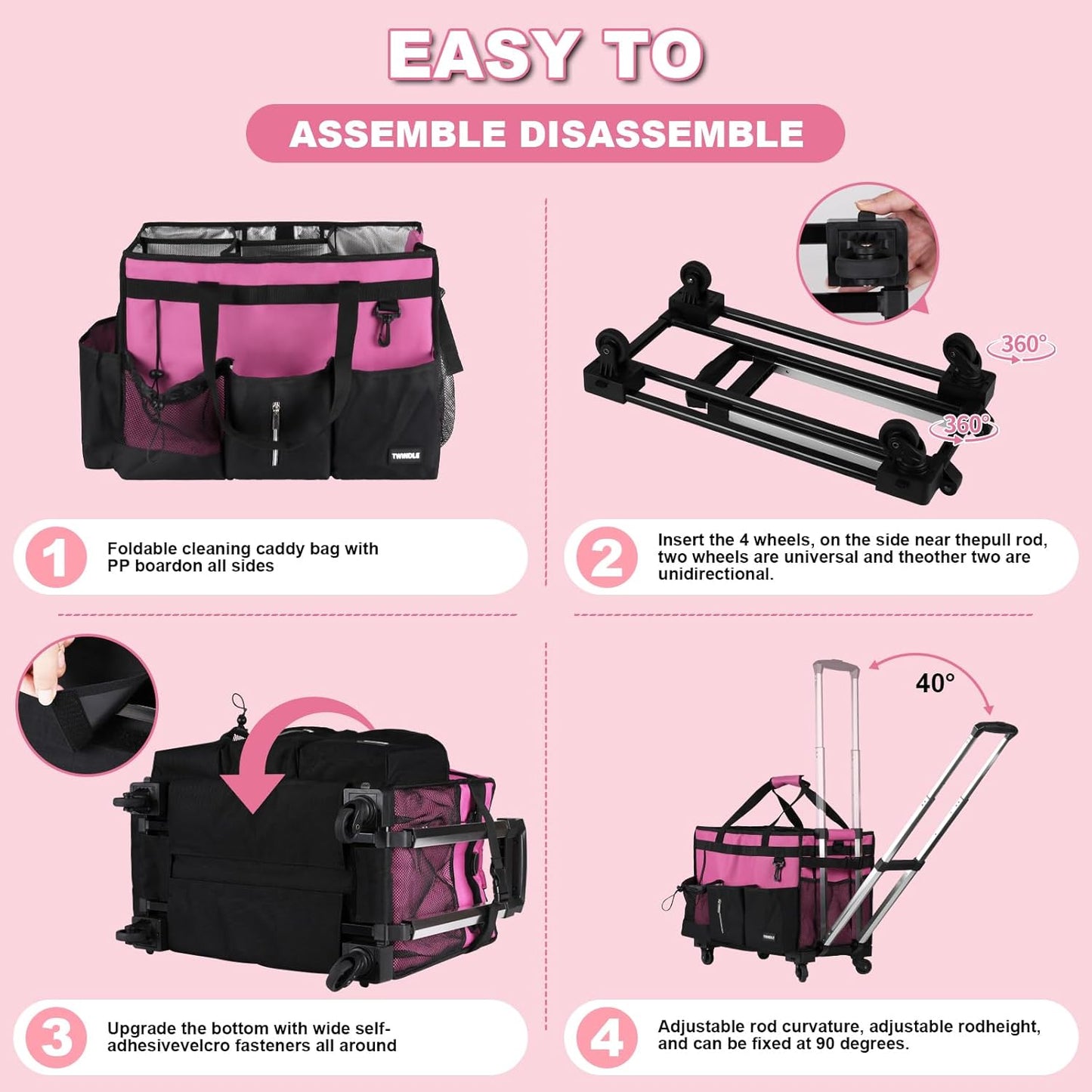 Extra-Large Rolling Cleaning Caddy with Wheels,Cleaning Caddy Bag with Detachable Trolley,Water Resistant Lining Cleaning Supply Organizer with Handle for Cleaners,Housekeepers