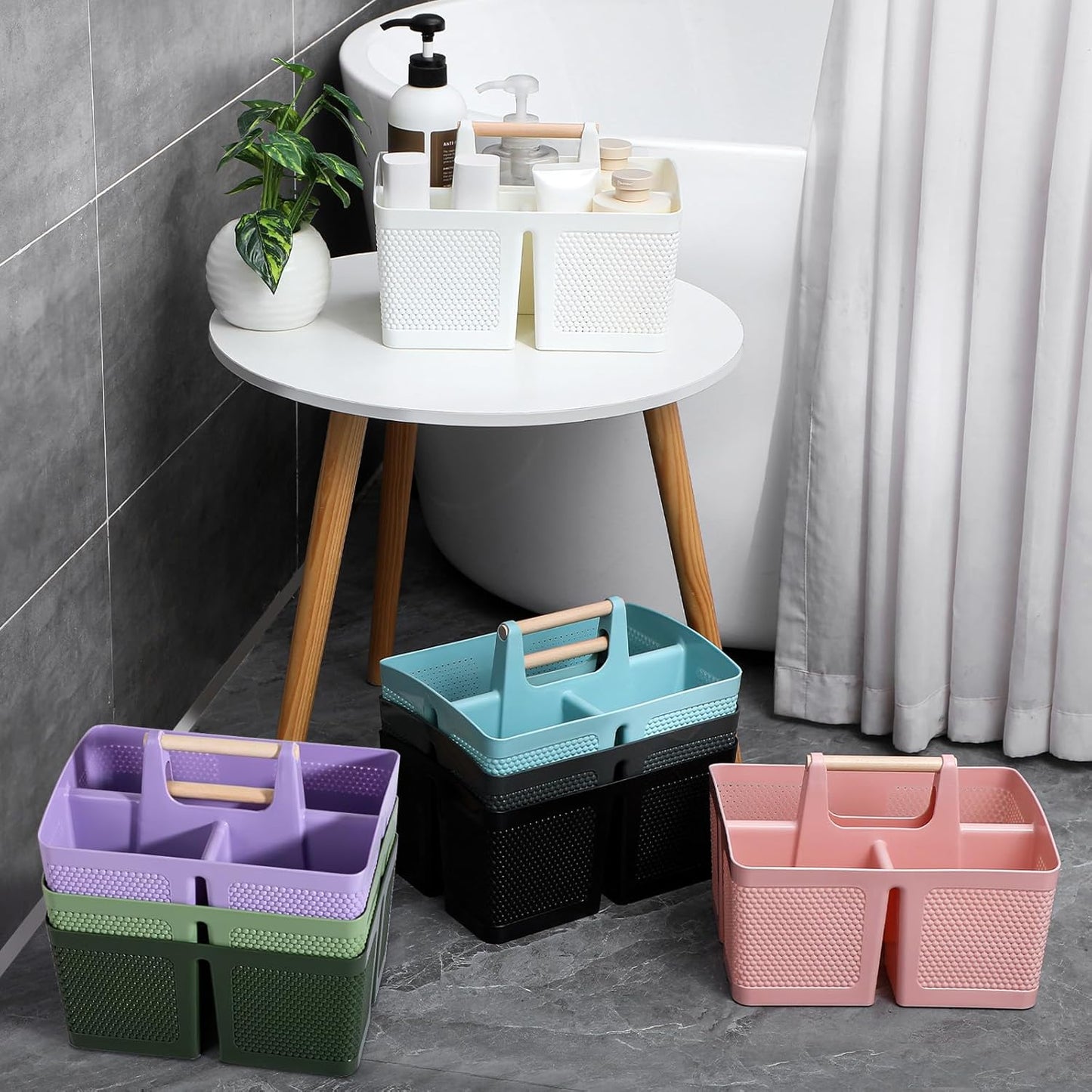 rejomiik Portable Shower Caddy Basket Plastic Cleaning Caddy Organizer Storage Tote with Handle for Bathroom, College, Dorm Room Essentials, Green