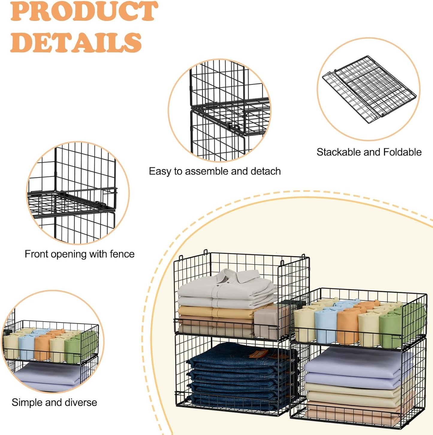 4 Tier Stackable Closet Organizers and Storage Shelves, Foldable Closet Shelf Organizer System, Stackable Storage Bins Drawers for Clothes Organizer System, Black(Patent Pending)
