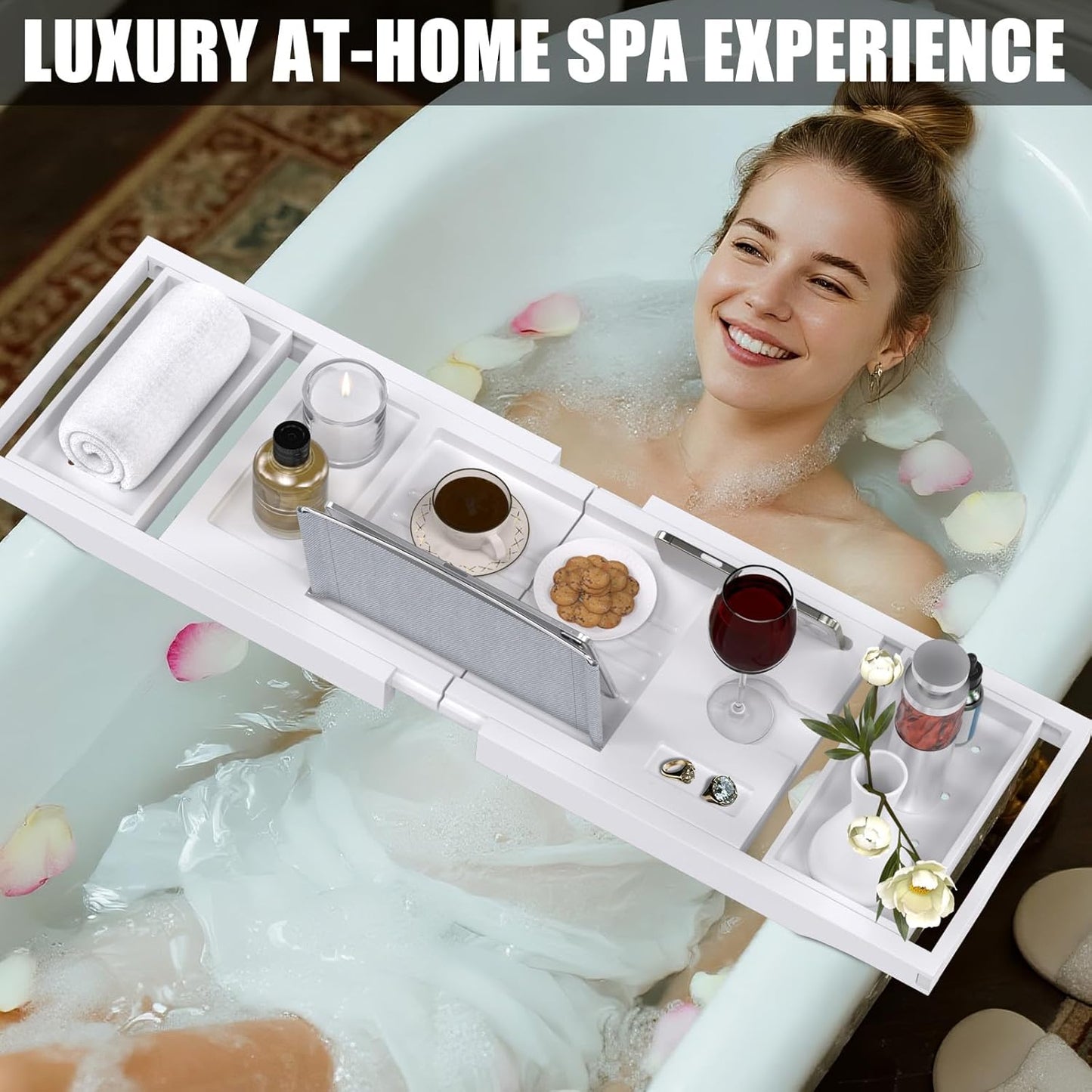 Bathtub Tray Caddy, Expandable Bath Trays for Tub, Bamboo Shelf & Table with Wine Glass Holder,Bathroom Accessories for New Home & Mothers Day & Birthday Gifts for Mom,White