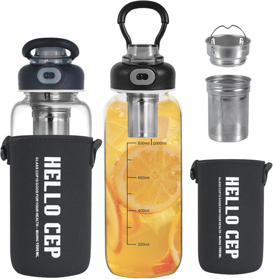 34oz Glass Water Bottle with capacity Mark & Stainless Steel Tea Strainer-Large Capacity for Hot/Cold Drinks,Coffee,Tea,and Water-Includes Protective Sleeve,Perfect for Home,Office (34oz2PCS)