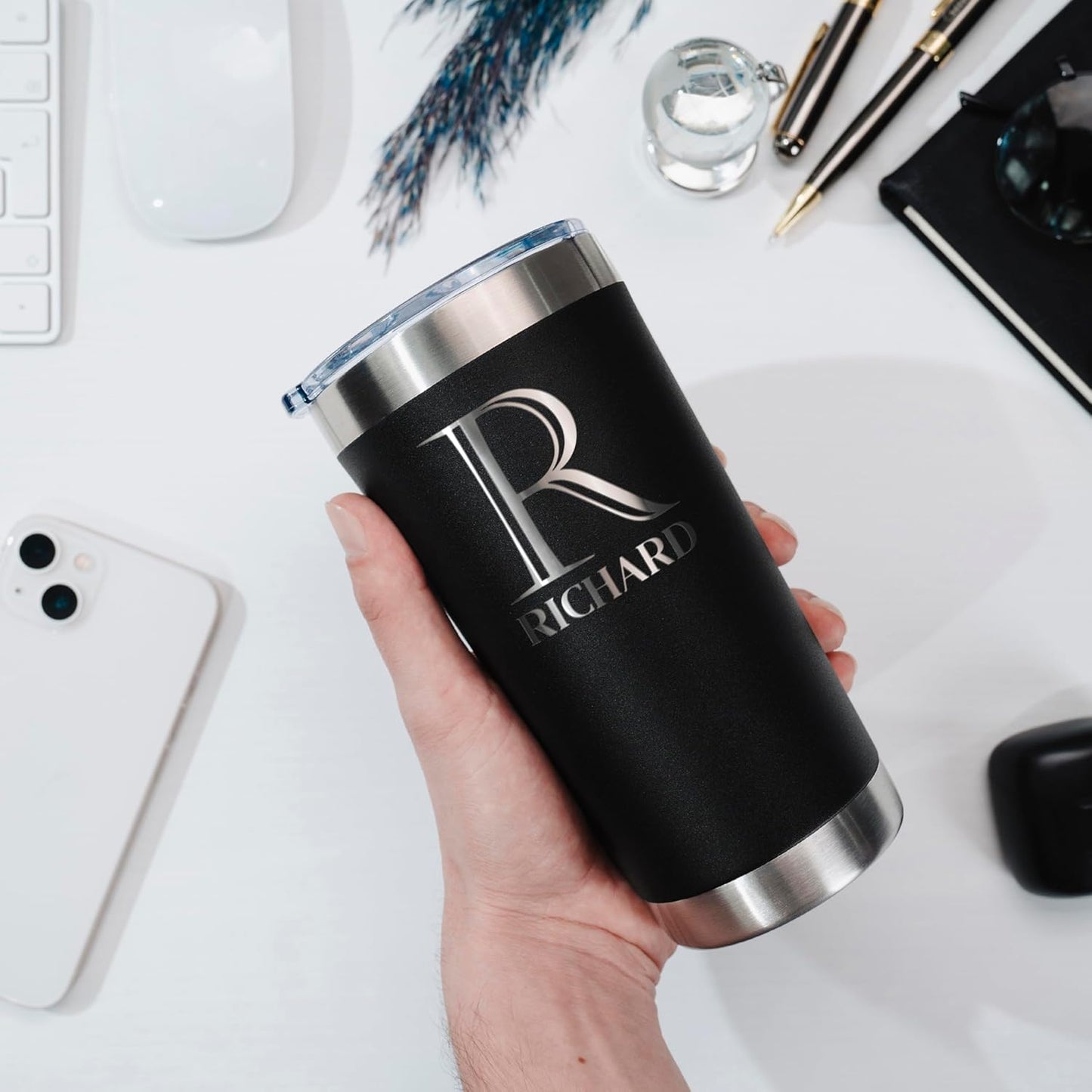 Be Burgundy Personalized Tumbler with Engraved Name - 12 Designs, 20 Oz Coffee Tumbler with Slider Lid, Black - Double Wall Insulated, Personalized Gifts for Him