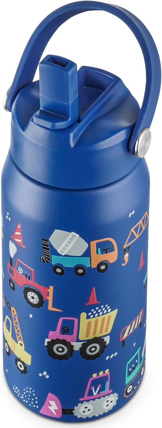 OLDLEY kids Water Bottle - 18oz Insulated Stainless Steel - Wide Straw Lid, Non Spill, Leakproof, Kids Water Bottle for School,Blue Engineering car