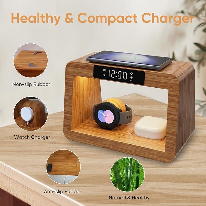Wireless Charger Station for Samsung with Digital Alarm Clock, Fast Wireless Charging Station with LED Night Llight for Samsung&Android Phone, Wireless Phone Charger Station Only for Samsung Watch