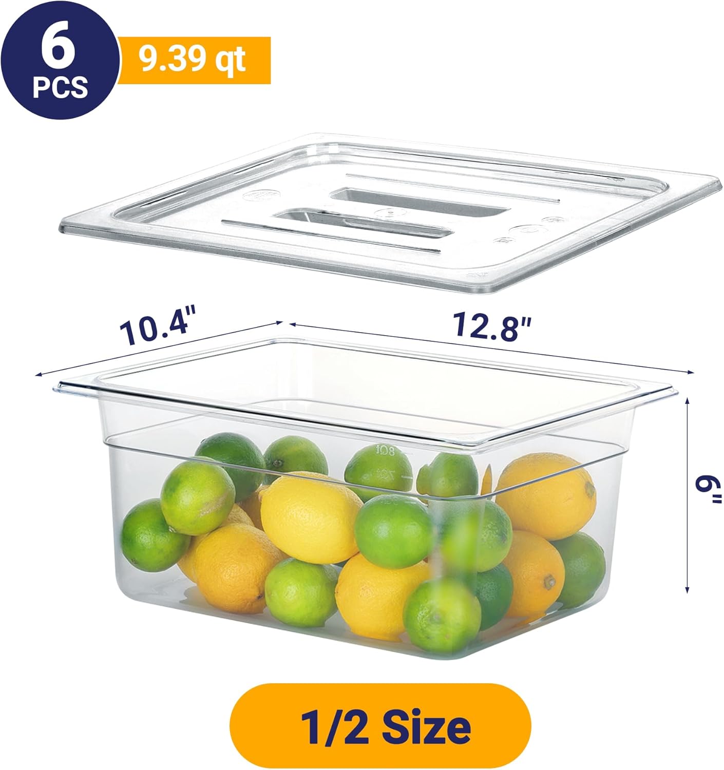 6 Pack NSF Food Pans with Lids, 1/2 Size 6'' Deep Commercial Food Storage Containers, Polycarbonate, Clear