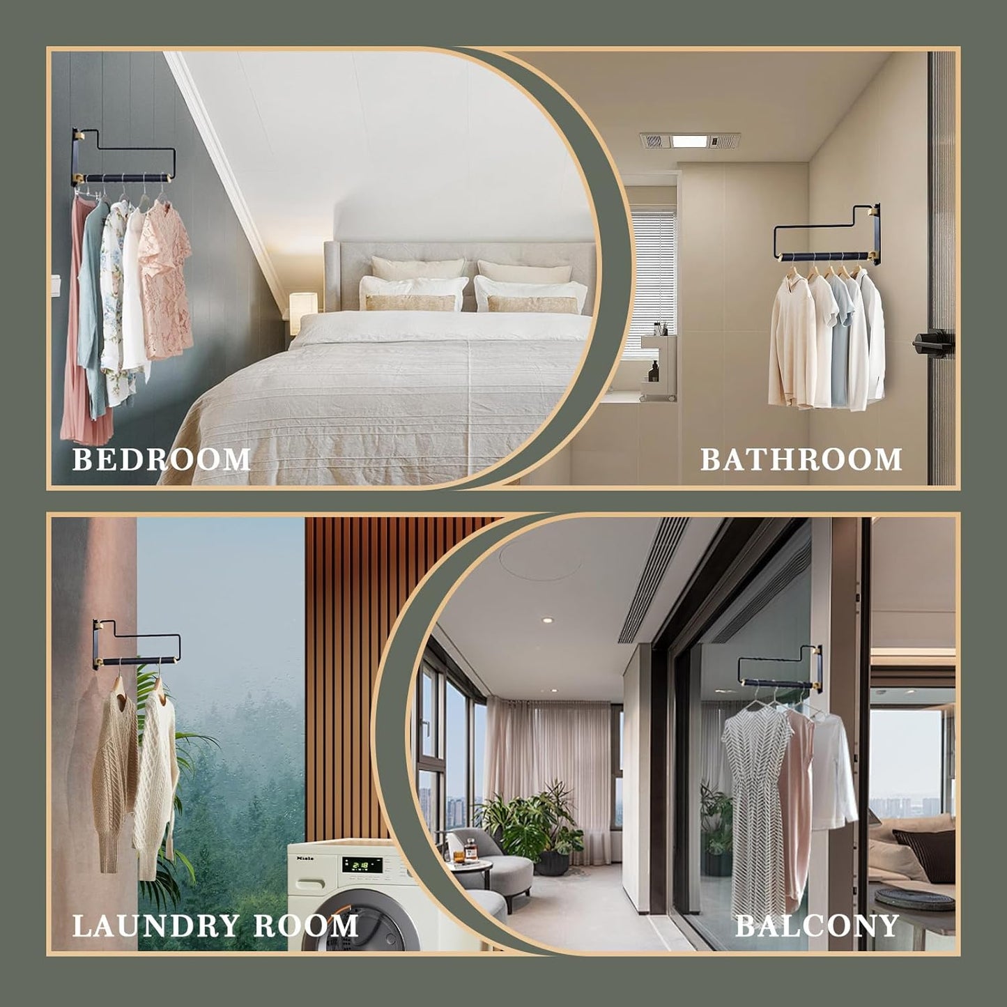 NEWRAIN Clothes Drying Rack, Laundry Racks for Drying Clothes, Wall Mounted Swing Arm Clothes Hanger for Laundry Room, Garage, Indoor & Outdoor Use,Black