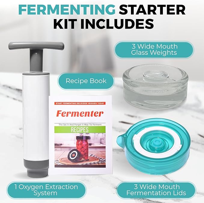 Fermentation Starter Set, Includes 3 Airlock Fermentation Lids and 3 Glass Weights, Sauerkraut Fermenting Kit for Wide Mouth Mason Jar, Pickles, Vegetables, & Kimchi Making Kit