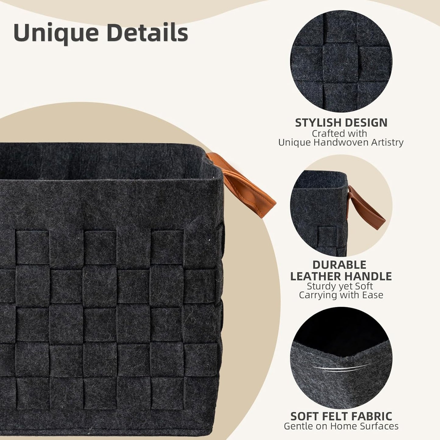 Storage Basket 3 Pack, 13" x13" x13 " Large Blanket Baskets with Leather Handle, Cube Felt Fabric Storage Box for Shelves, Bedroom, Nursery, Living Room - Dark grey