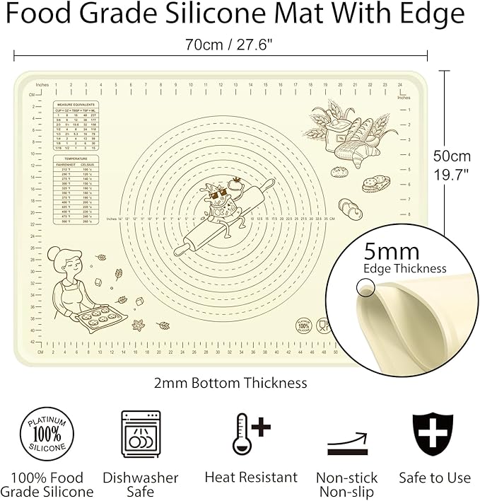 Silicone Baking Mat 28" x 20", Extra Thick Silicone Pastry Mat with Measurements and Edge Heightening, Non-stick Food Grade Dough Rolling Matfor for Pastry, Bread, Cookies, Pizza, Fondant, Pasta