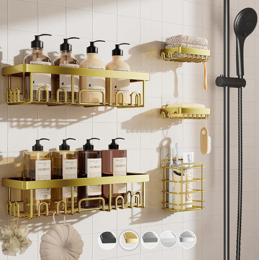 Veken Adhesive Shower Caddy 5-Pack,Heavy Weight Bearing,Large Wall Mounted Shower Shelves Rack,Organizer Storage Accessories with Soap Dish&Toothbrush Holder,Ideal for Bathroom,Home&Kitchen,Gold
