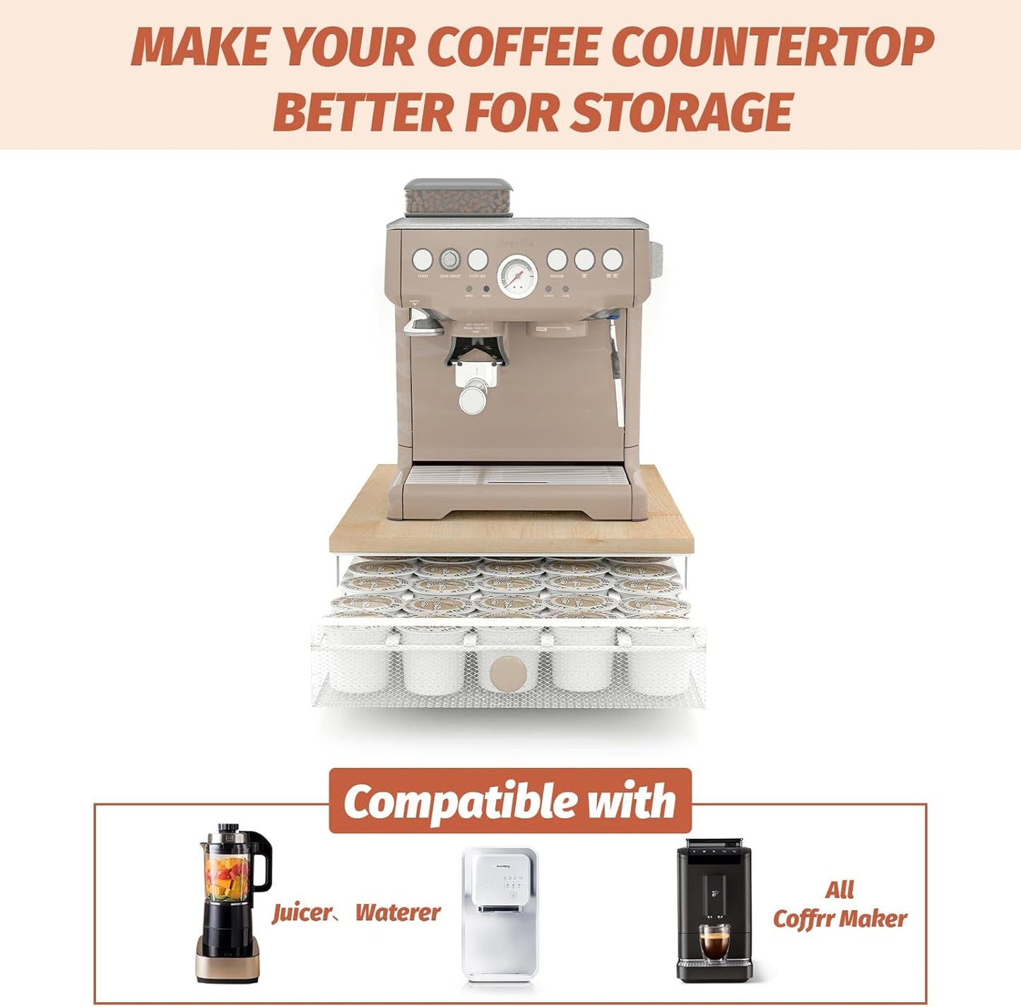 Coffee Pod Holder Counter Coffee Vertuo Capsules Storage Organizer with Sliding Drawer Compatible For 35 K-Cup Pods No Assembly Needed Natural Colour