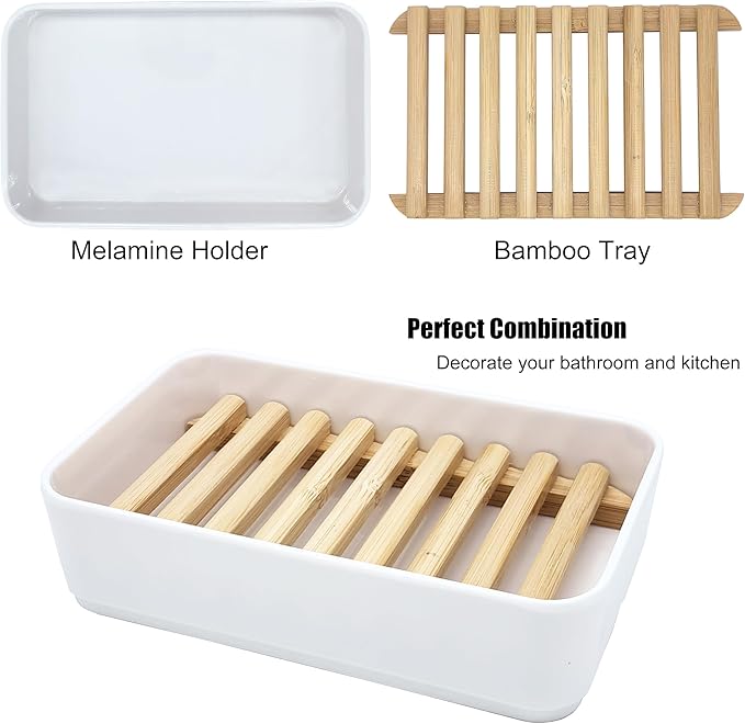 Soap Dish Holder, Bamboo Self-Draining Soap Box, Soap Dishes Holder for Shower, Bathroom, Kitchen, Bathtub, Bar Sink (White, 1 Pack)