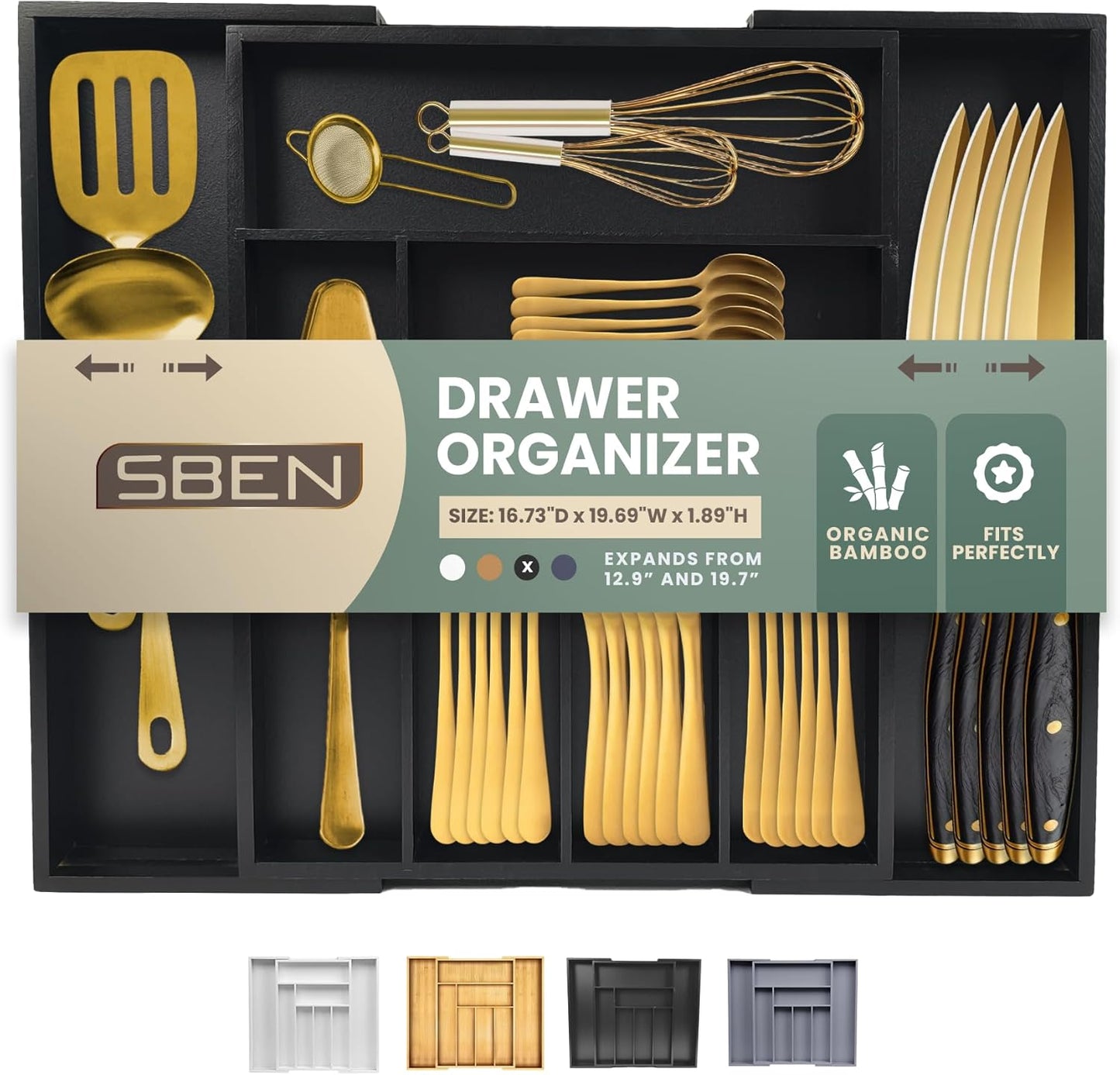 Sben Expandable Drawer Organizer for Utensils Holder, Adjustable Cutlery Tray, Wood Drawer Dividers Organizer for Silverware, Flatware, Knives for Kitchen (Black)