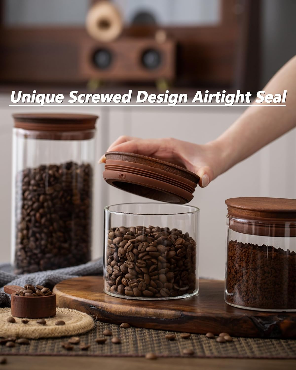 17 oz Coffee Canister with Scoop and Wooden Lids, Airtight Glass Coffee Beans Storage Container Sets of 2 for Ground Coffee,Food Storge Jars for Ground Coffee Bar Cereal Snack