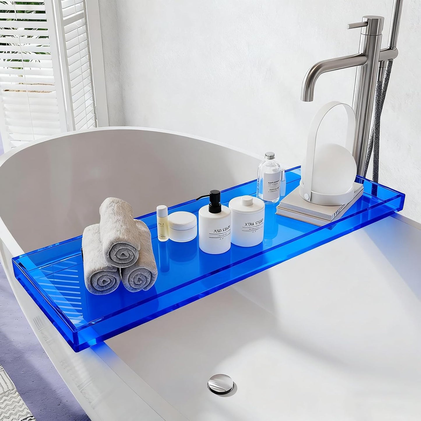 Bathtub Tray Table, Clear Acrylic, Anti-Slip Bath Caddy, L32.3″ * W7.87″ * H1.18″ (Blue, L29.9 x W7.87 x H1.18)