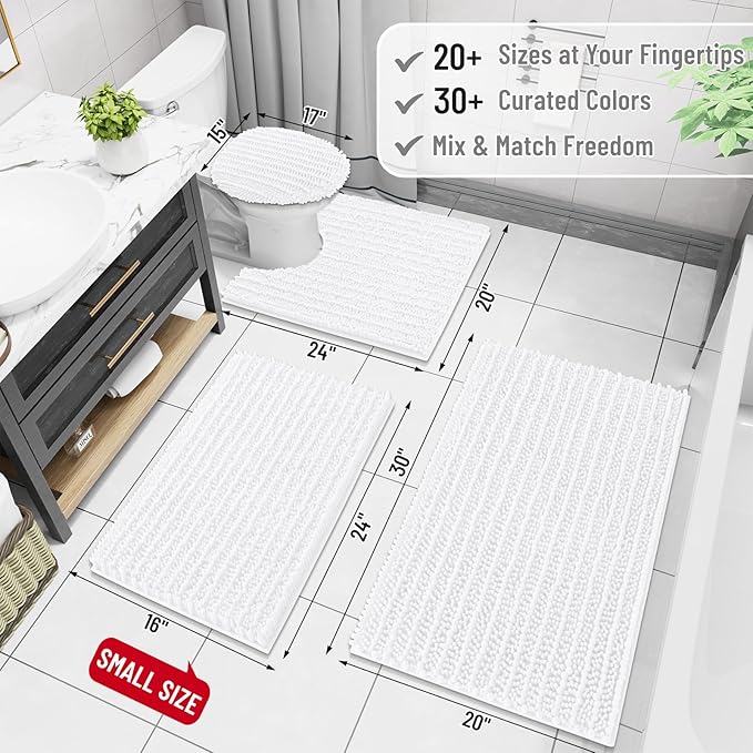 Arotive Luxury Chenille Bathroom Rug Mat, Extra Soft Thick Absorbent Shaggy Bath Rugs, Non-Slip Machine Wash Dry, Plush Bath Mats for Bathroom, Shower and Tub, 36x24, White