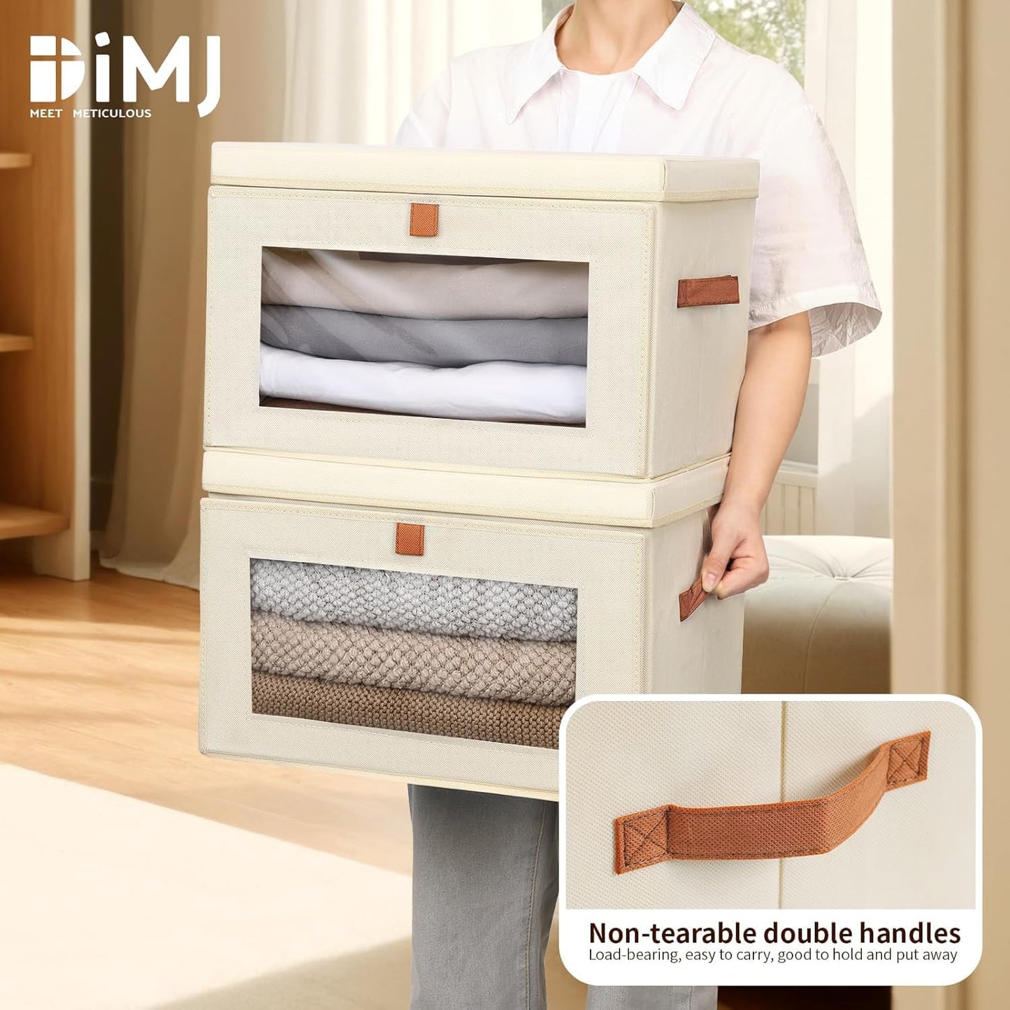 DIMJ Storage Bins with Lids - 3 Pack Large Fabric Closet Organizer with Window & Handles, Collapsible Decorative Storage Boxes for Shelves Under Bed, Books Clothes Blankets Sweaters Organization