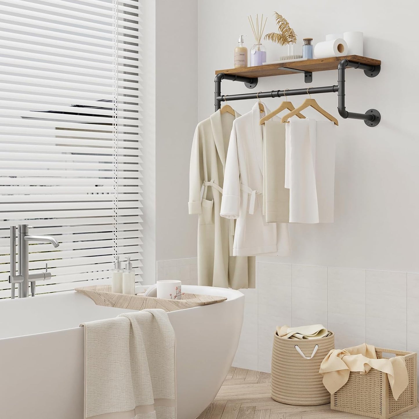 Yawinhe Industrial Pipe Clothes Rack with Top Shelf, Wall Mounted, Space Saving Hanger with 4 Bases, for Shops, Homes, 27.5''Lx10.2''Wx10.2''H, Rustic Brown, 1-Pack