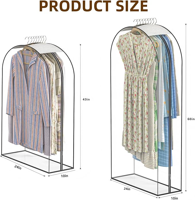 Upgraded Thickened Clear Garment Bags for Hanging Clothes 4 Packs, 10“ Gusseted Clothes Hanging Storage Bags for Closet, Shirts, Coats, Dresses (43 & 60 inch)